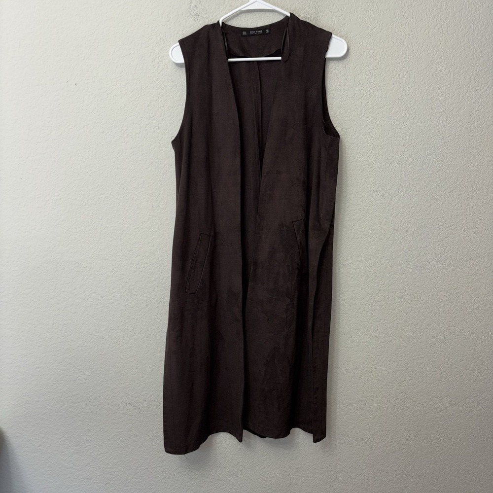 Zara Brown Faux Suede Long Vest Gilet Women's Size Medium M Side Slits